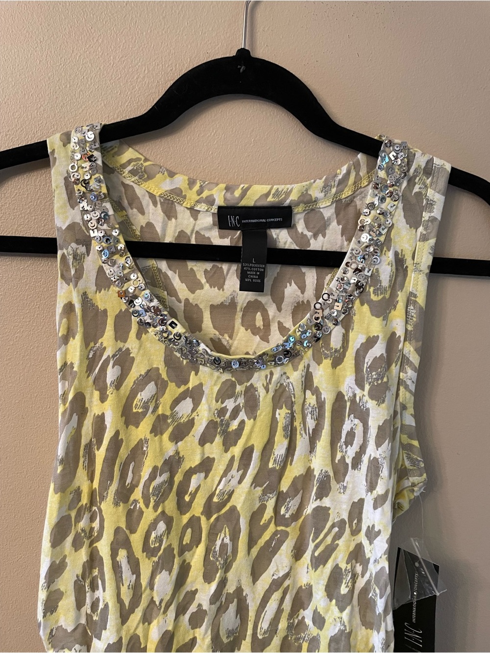 NWT-INC International Concepts Yellow and Gray Sheer Leopard Sequin-Trim Tank